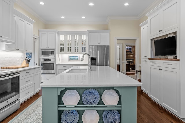 kitchen with a sink, ornamental molding, dark wood-style flooring, and stainless steel appliances
