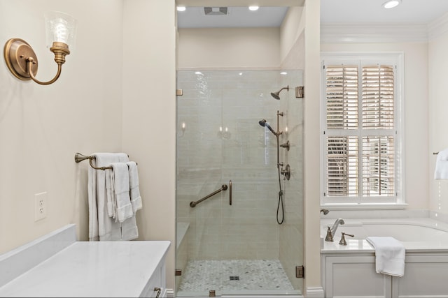 full bathroom with a bath, a shower stall, and recessed lighting