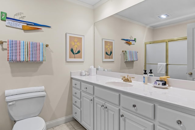 full bathroom with toilet, vanity, baseboards, and ornamental molding