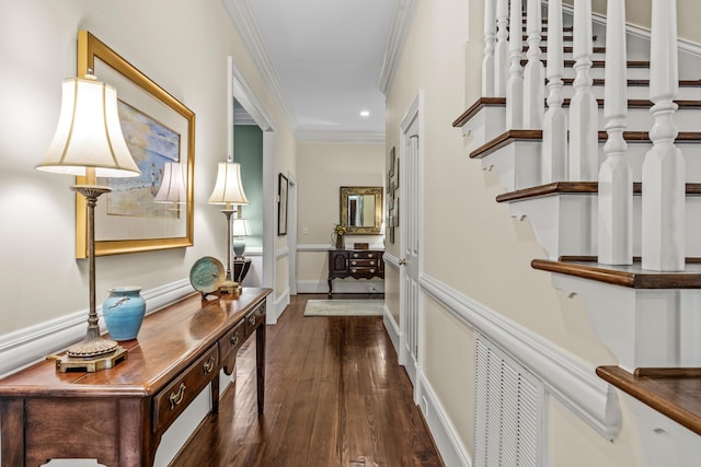 hall featuring recessed lighting, hardwood / wood-style floors, visible vents, and ornamental molding