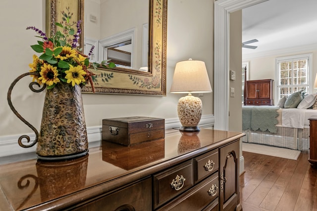details with crown molding and wood finished floors