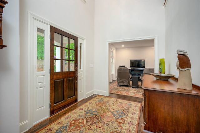 1020 Tallesse Trl, Greensboro, GA 30642 - foyer entrance with wood finished floors, baseboards, and a towering ceiling