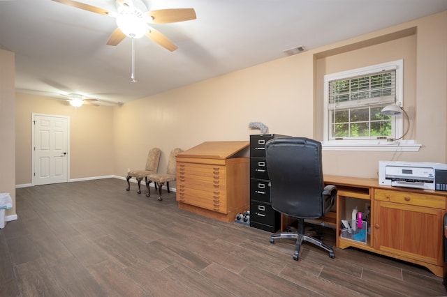 1020 Tallesse Trl, Greensboro, GA 30642 - home office featuring a ceiling fan, dark wood finished floors, and baseboards