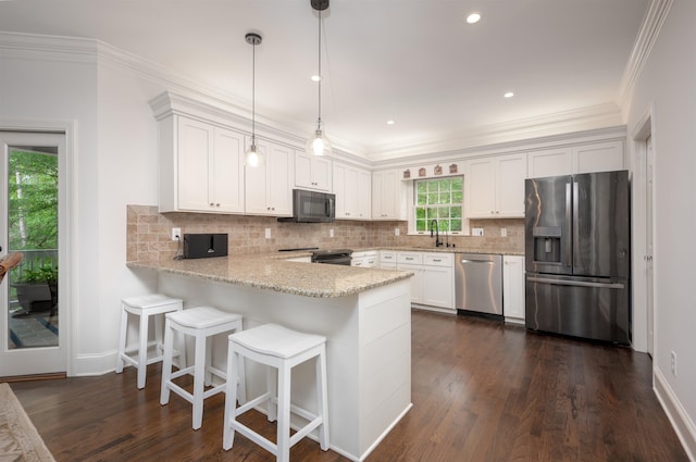 1020 Tallesse Trl, Greensboro, GA 30642 - kitchen with stainless steel appliances, a peninsula, a sink, dark wood-style floors, and crown molding