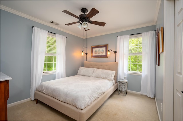 1020 Tallesse Trl, Greensboro, GA 30642 - bedroom with light colored carpet, multiple windows, baseboards, crown molding, and a ceiling fan