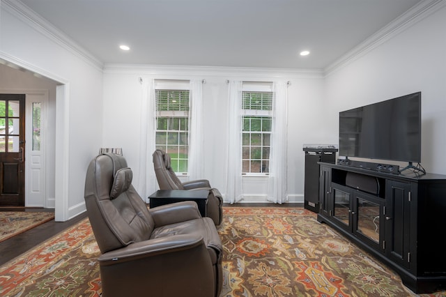 1020 Tallesse Trl, Greensboro, GA 30642 - living area with ornamental molding, baseboards, wood finished floors, and recessed lighting