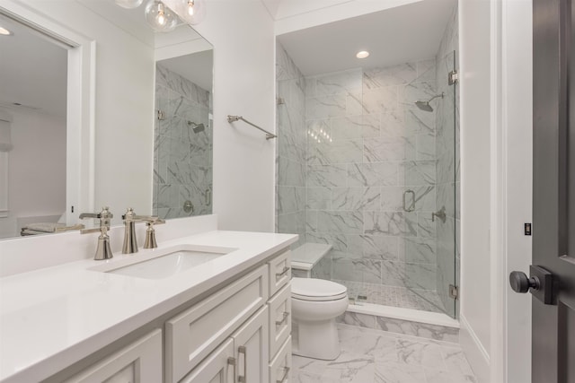 1100 Neary Rdg, Greensboro, GA 30642 - bathroom with a shower stall, vanity, marble finish floor, toilet, and recessed lighting