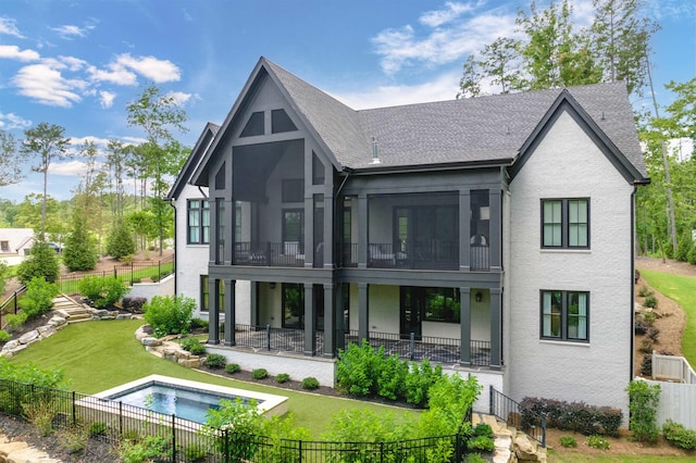 1100 Neary Rdg, Greensboro, GA 30642 - rear view of house with a shingled roof, a fenced backyard, a yard, a patio area, and a sunroom