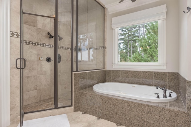 1191 Cory Cir, Greensboro, GA 30642 - bathroom with a garden tub, a shower stall, and a ceiling fan