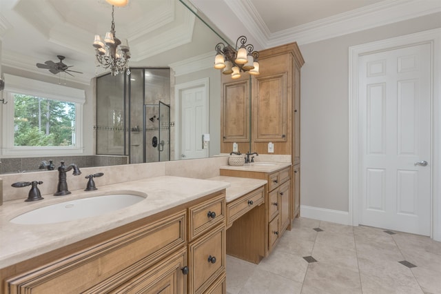 1191 Cory Cir, Greensboro, GA 30642 - full bath with a chandelier, double vanity, a shower stall, crown molding, and tile patterned floors
