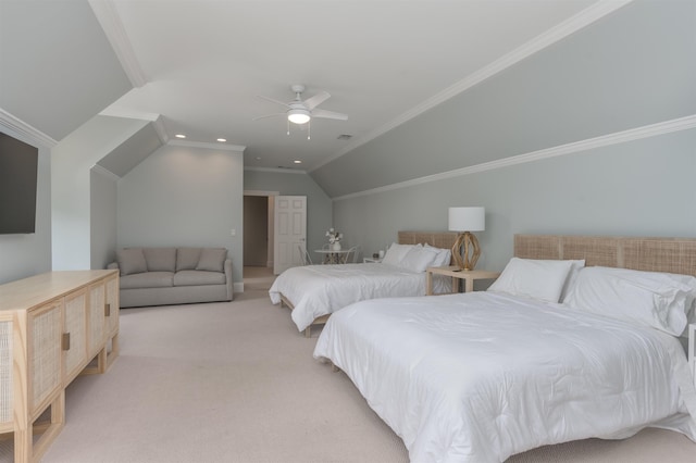 1191 Cory Cir, Greensboro, GA 30642 - bedroom featuring light carpet, lofted ceiling, crown molding, ceiling fan, and recessed lighting