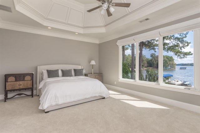 1191 Cory Cir, Greensboro, GA 30642 - bedroom with crown molding, a water view, light carpet, and recessed lighting