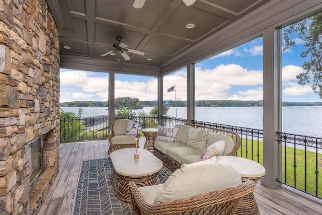 1191 Cory Cir, Greensboro, GA 30642 - sunroom / solarium featuring a ceiling fan, a water view, coffered ceiling, healthy amount of natural light, and beamed ceiling