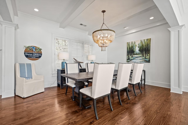 1081 Terrell Cir, Greensboro, GA 30642 - dining room with decorative columns, beam ceiling, wood finished floors, a chandelier, and recessed lighting