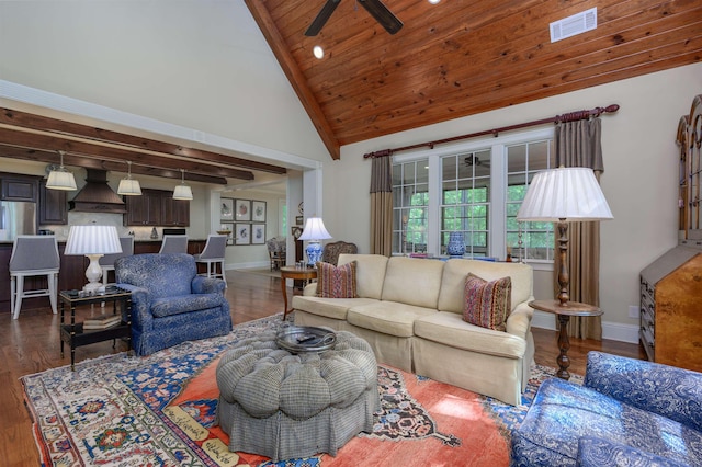 living room with dark wood-type flooring, ceiling fan, wood ceiling, and high vaulted ceiling