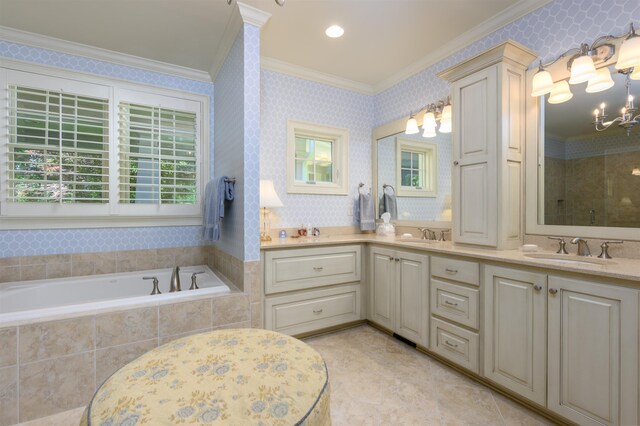bathroom featuring ornamental molding, a relaxing tiled tub, vanity, and a chandelier