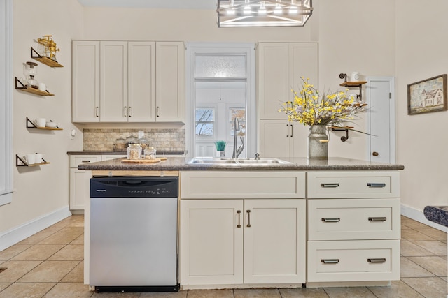 kitchen featuring light tile patterned flooring, dishwasher, sink, white cabinets, and decorative backsplash