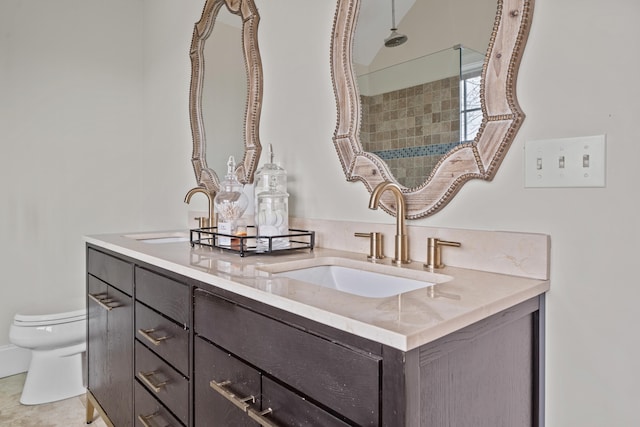 bathroom featuring vanity, walk in shower, and toilet