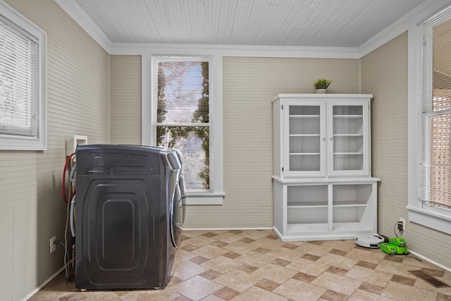 clothes washing area with crown molding