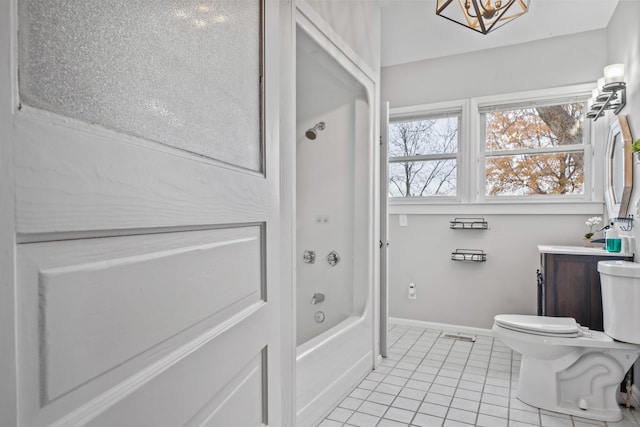 full bathroom featuring shower / tub combination, a chandelier, vanity, toilet, and tile patterned floors