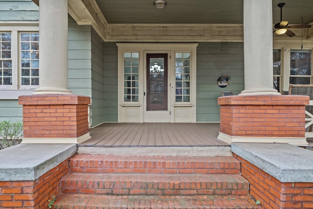 entrance to property featuring a porch and ceiling fan