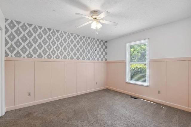 1120 Rawlings Dr, Rutledge, GA 30663 - carpeted empty room featuring a ceiling fan, a wainscoted wall, a decorative wall, and a textured ceiling