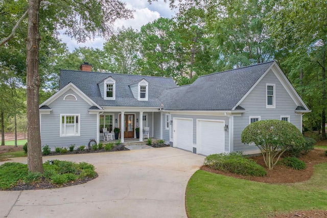 cape cod house with a porch and a garage