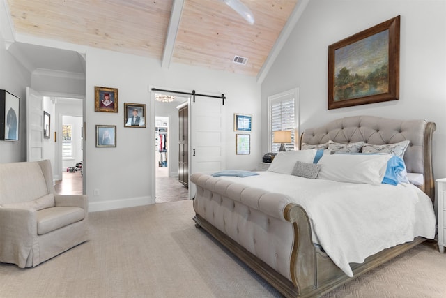 bedroom featuring wood ceiling, high vaulted ceiling, ornamental molding, a barn door, and beamed ceiling