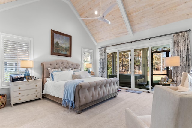 bedroom featuring wood ceiling, high vaulted ceiling, light carpet, and access to outside