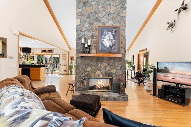 living room with a stone fireplace, a healthy amount of sunlight, hardwood / wood-style floors, and high vaulted ceiling