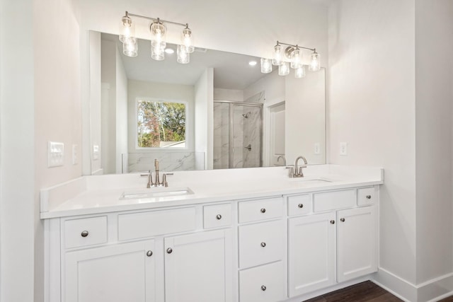 bathroom featuring vanity and a shower with shower door