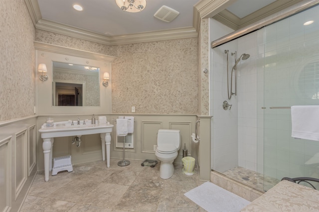 bathroom featuring crown molding, walk in shower, and toilet