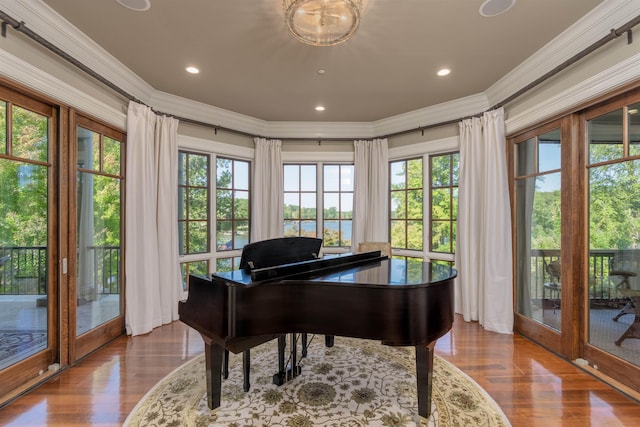 misc room with ornamental molding, light hardwood / wood-style floors, and french doors