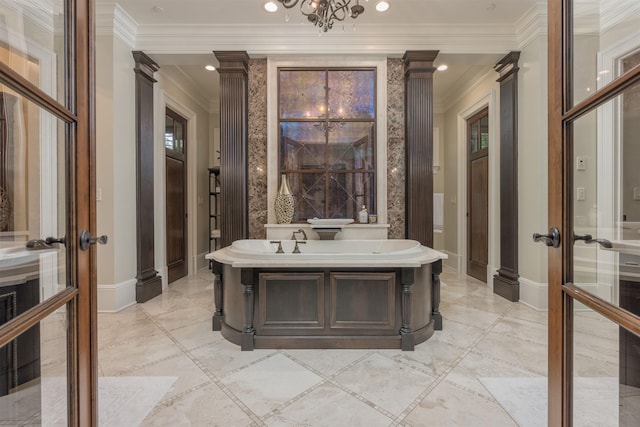 bathroom featuring french doors and crown molding