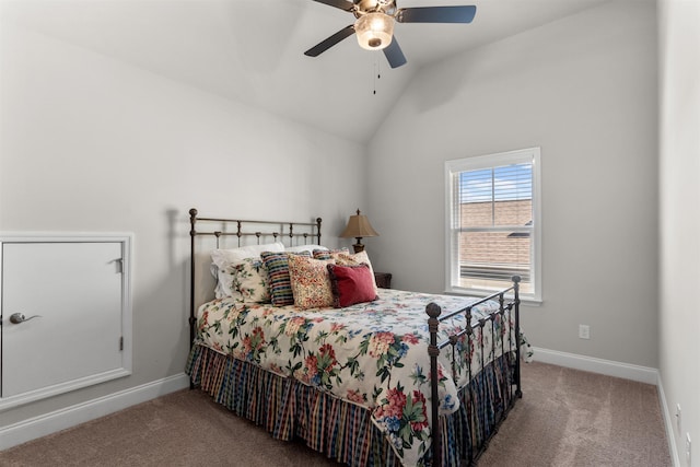 bedroom featuring lofted ceiling, light carpet, and ceiling fan