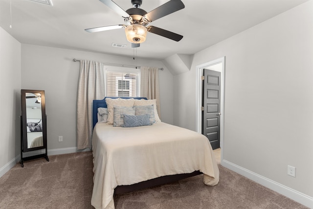 bedroom with ceiling fan and carpet