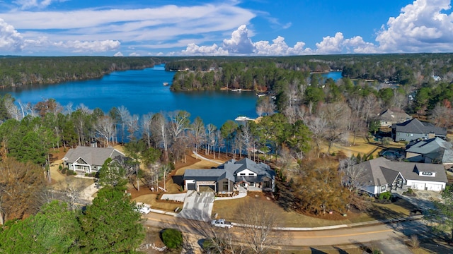 aerial view featuring a water view and a view of trees