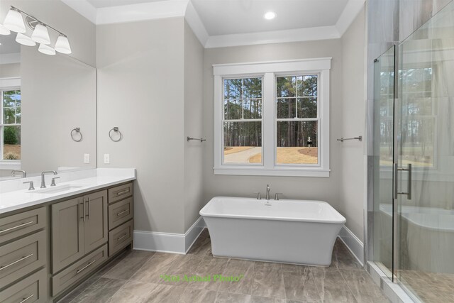 bathroom with baseboards, vanity, a shower stall, and a freestanding bath