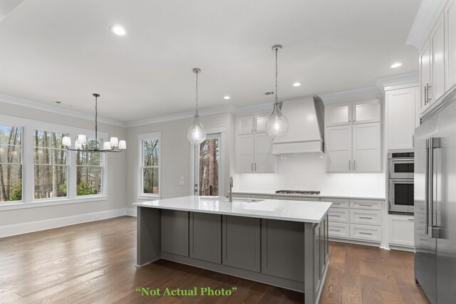 kitchen with light countertops, custom range hood, dark wood-type flooring, appliances with stainless steel finishes, and crown molding