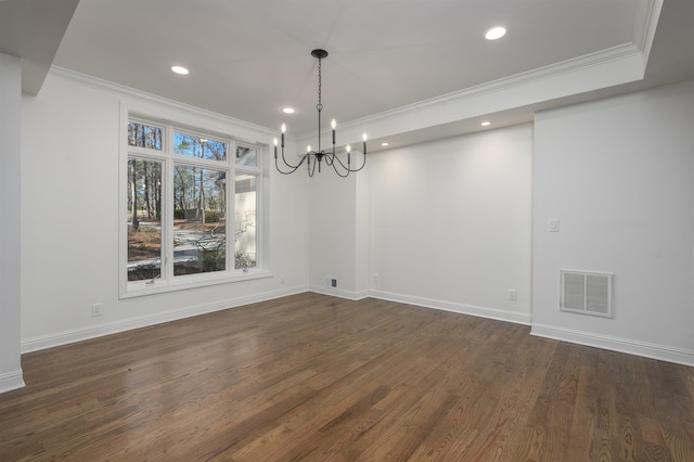 unfurnished dining area with recessed lighting, dark wood-style floors, visible vents, and ornamental molding