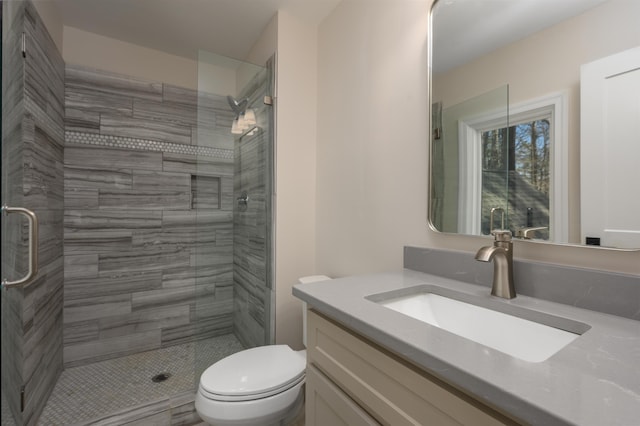 bathroom with vanity, toilet, and a shower stall