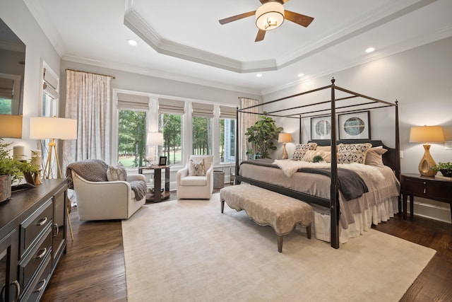 1011 Cartwright Ln, Greensboro, GA 30642 - bedroom featuring dark wood-style floors, a raised ceiling, crown molding, recessed lighting, and ceiling fan