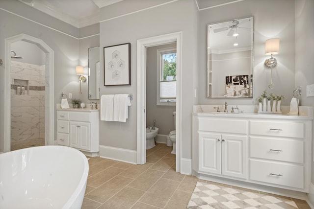 1011 Cartwright Ln, Greensboro, GA 30642 - bathroom featuring a bidet, a tile shower, ornamental molding, vanity, and a ceiling fan