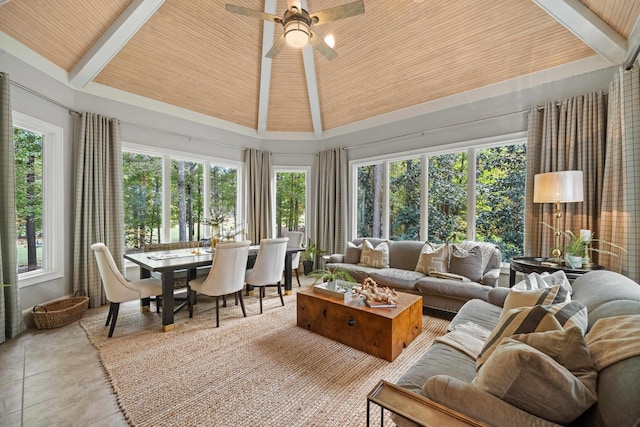 1011 Cartwright Ln, Greensboro, GA 30642 - sunroom / solarium featuring plenty of natural light, wooden ceiling, high vaulted ceiling, and tile patterned flooring