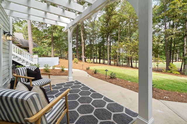 1011 Cartwright Ln, Greensboro, GA 30642 - view of patio / terrace featuring view of scattered trees, a pergola, and stairs