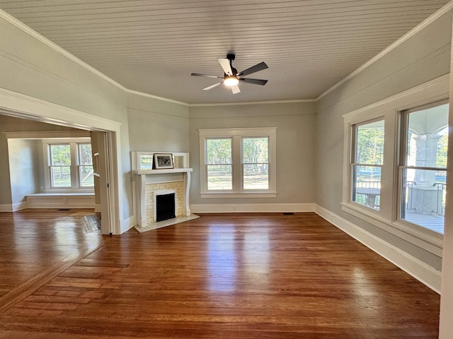 unfurnished living room featuring crown molding, ceiling fan, and dark wood-type flooring