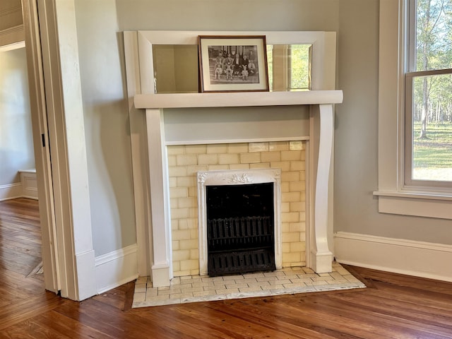 details with hardwood / wood-style floors and a fireplace