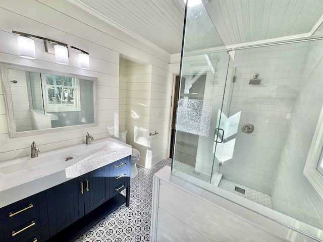 bathroom featuring wooden walls, a shower with shower door, vanity, wood ceiling, and toilet