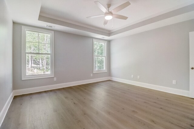 spare room with dark wood-type flooring, ceiling fan, and a raised ceiling