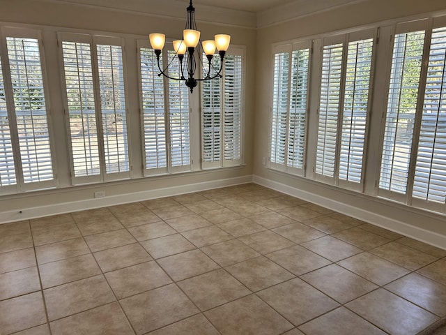 unfurnished dining area with an inviting chandelier